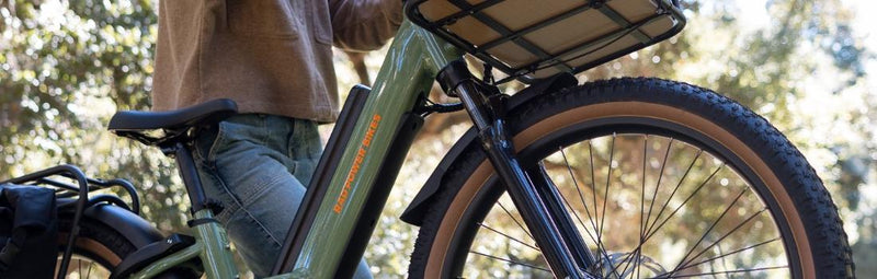 A close-up of a fat tire electric bike