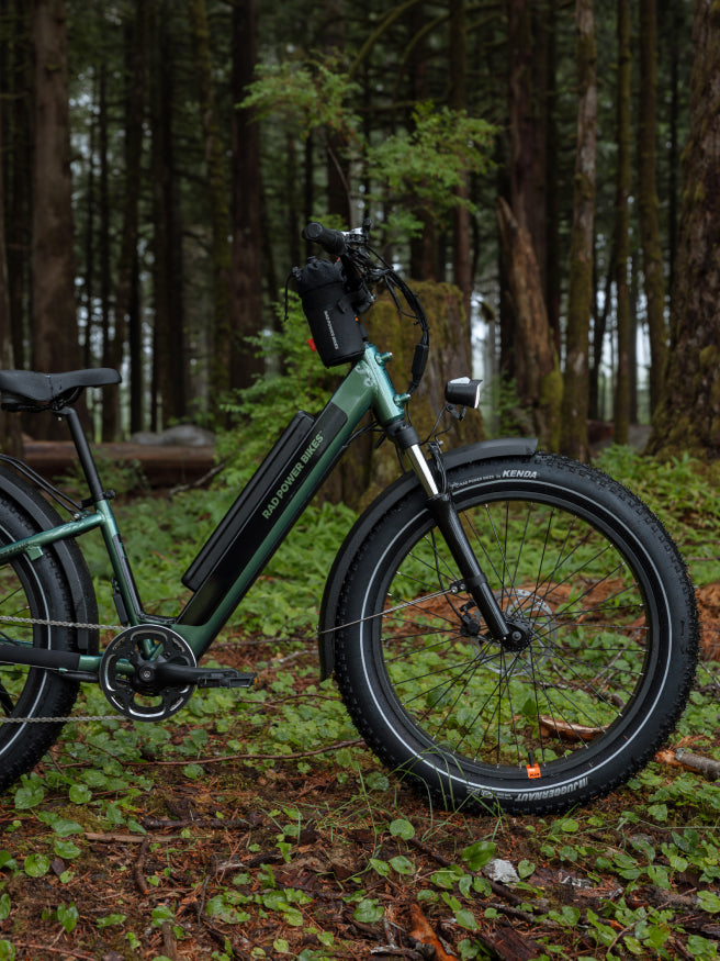 side view of a steelhead green RadRover 6 Plus ST electric bike in the woods